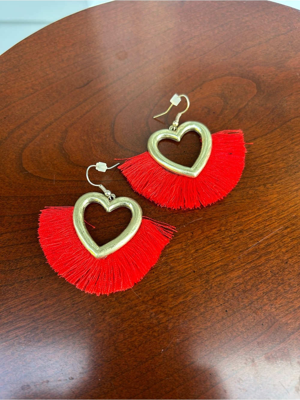 Red Heart Fringe Drop Earrings - Gold Accent